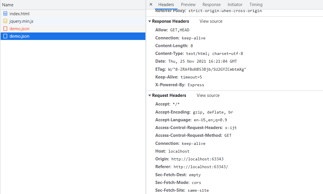 CORS: request and response headers (no access control in response)